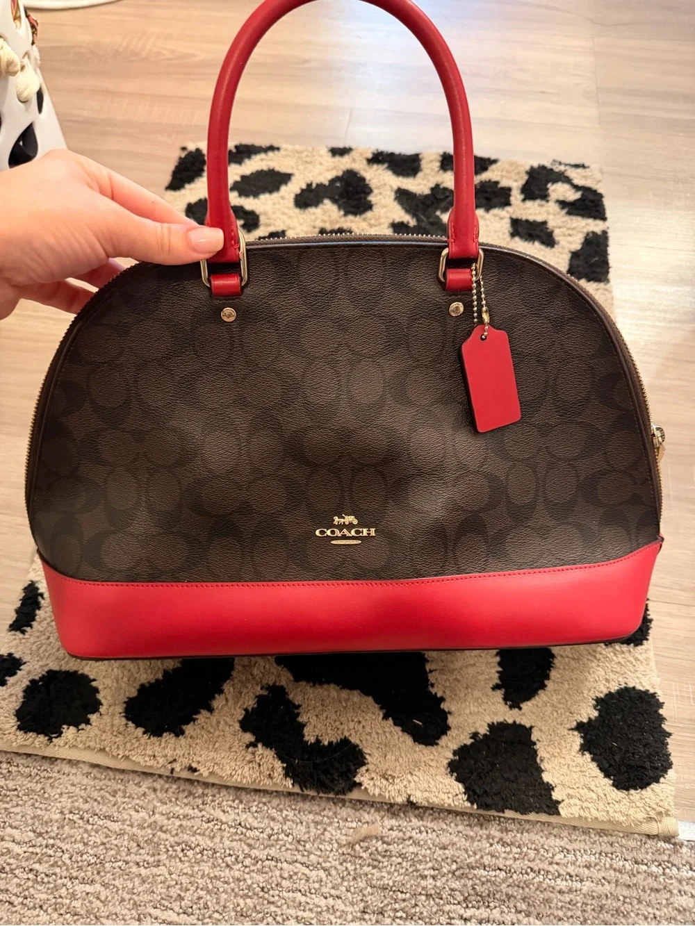 Coach Brown Signature Dome Satchel with Red Trim